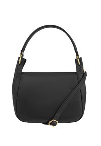 Black textured leather handbag with a single top handle, detachable adjustable shoulder strap, and gold-tone hardware accents.