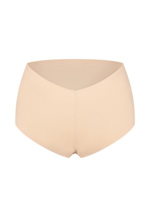 Beige hoge tailles boxershorts van een gladde stof, met een V-vormige tailleband en nette stiksels zonder zichtbare patronen of accenten.