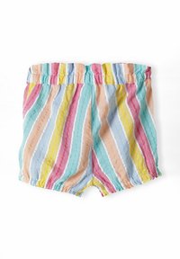 Färgglada barnshorts med vertikala pastellstrimmor i rosa, gult, blått och grönt, som har resår i midjan och benslut.