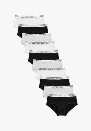 Culottes en coton noirs, blancs et gris avec une large ceinture élastique arborant le logo "NEXT". Texture lisse, design de culottes traditionnel.
