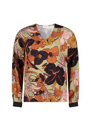 Leichtes Oberteil mit Blumenmuster und V-Ausschnitt, das orangefarbene, schwarze und pinkfarbene Blumen auf einem hellgrünen Hintergrund zeigt. Lange Ärmel und schwarze Bündchen.