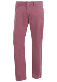 Roze katoenen broek met een rechte pijp, voorzien van voorzakken, een knoopsluiting en subtiele stikseldetails.