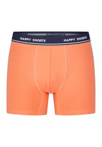 Oranje katoenen boxershorts met een marineblauwe tailleband met de tekst "HAPPY SHORTS", contrasterende stiksels en een snug fit ontwerp.