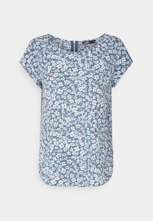 Blauwe blouse met korte mouwen met witte bloemenprint en een ronde halslijn, met een zichtbare ritssluiting aan de achterkant.