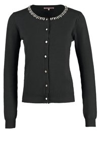 Cardigan noir à manches longues avec col rond, orné de strass brillants et de boutons argentés sur le devant au centre.