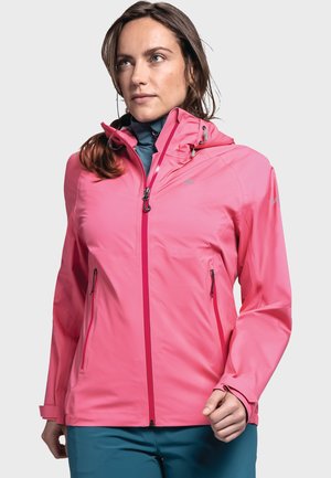 Pink waterproof jacket with a hood, featuring a front zipper, side pockets, and adjustable cuffs. Smooth texture and fitted design.
