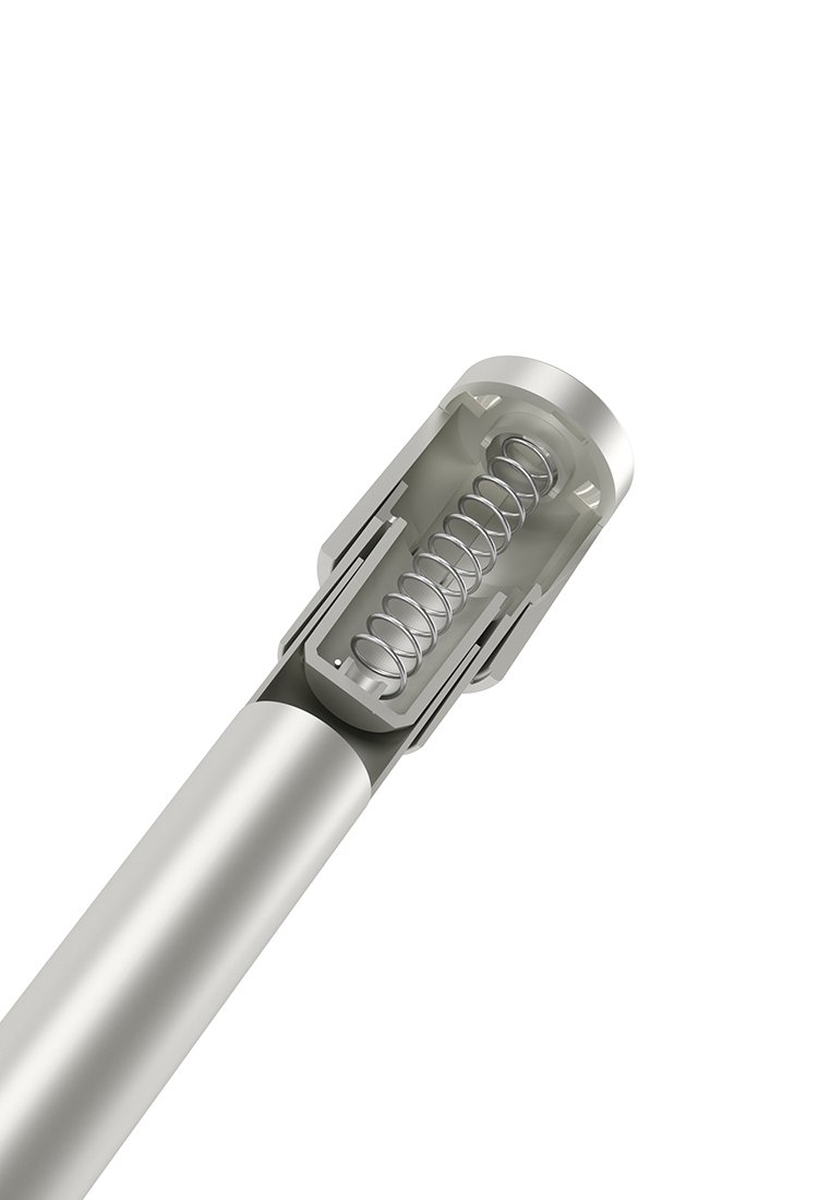 Metallischer zylindrischer Stab mit einer sichtbaren inneren spiralförmigen Feder und Stützstruktur im Inneren, dargestellt in einer Nahaufnahme im Querschnitt.