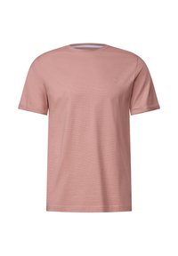 T-shirt a maniche corte rosa chiaro realizzata in tessuto morbido, caratterizzata da un colletto rotondo e un piccolo logo sul lato sinistro del petto.