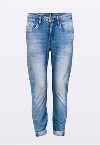 Blue denim jeans with a faded wash, featuring a straight-leg cut, five pockets, and rolled cuffs. Includes metal button and zipper closure.