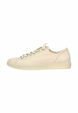 Beige leren sneaker met een ronde teen, platte veters en een gestructureerde tan zool. Minimalistisch ontwerp met subtiele stiksels en geen zichtbare branding.