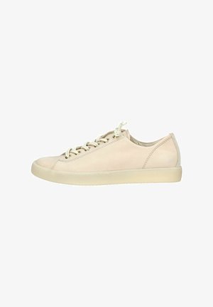 Beige Ledersneaker mit abgerundeter Zehe, flachen Schnürsenkeln und einer strukturierten, tanfarbenen Sohle. Minimalistisches Design mit subtiler Naht und ohne sichtbares Branding.
