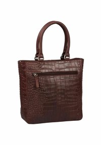 Borsa a mano in pelle marrone con motivo coccodrillo, dotata di manici superiori doppi, di una tasca frontale con zip e di una forma rettangolare strutturata.