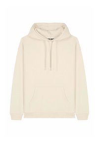 Felpa beige realizzata in morbido tessuto, con cappuccio regolabile tramite coulisse, tasca a marsupio frontale e polsini a costine. Design semplice e casual.