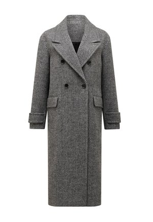 Manteau en laine à chevrons gris avec un design à double boutonnage, un large col cranté, des poches latérales et des poignets roulés. Texture durable et forme structurée.