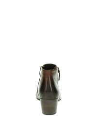 Botas de cuero marrón hasta el tobillo con punta redondeada, textura suave y un tacón bajo. Se pueden ver detalles de cremallera lateral y acentos de costura.