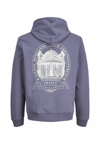 Lila pamut kapucnis pulóver, amelyen egy épület fehér grafikája látható, rajta az "Avenue Montaigne 6th Arrondissement" és a "Franciaország" felirat. Állítható kapucni.