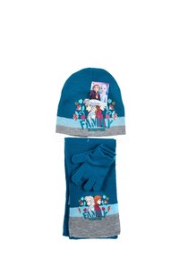 Set di accessori composto da un berretto lavorato a maglia turchese, una sciarpa e guanti, caratterizzati da design floreali e la scritta "FAMILY FOREVER". Include grafica dei personaggi di Frozen.