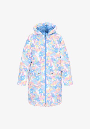 Geacă matlasată albastră cu model abstract multicolor. Dispune de glugă, fermoar frontal și două buzunare frontale cu închidere cu nasturi.