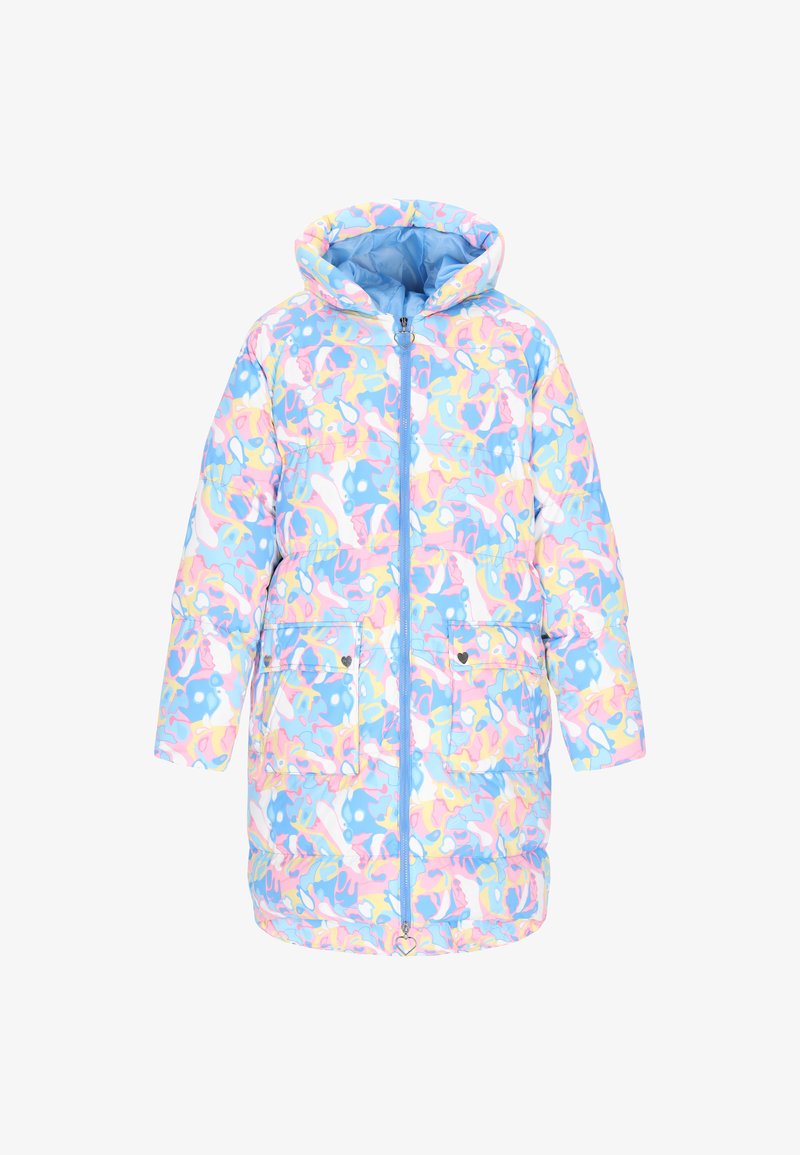 Padded frakke i blå med et flerfarvet abstrakt mønster. Har hætte, lynlås foran og to lommer foran med knaplukning.