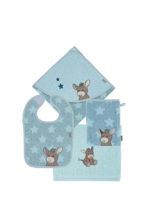 Light blue baby bath set with towel, bib, and washcloth, all featuring embroidered smiling donkey and star patterns.