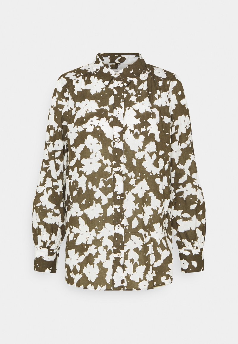 Chemise à manches longues avec boutons, motif floral vert olive et blanc, col classique, sur fond uni.