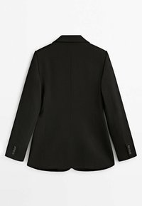 Black blazer with a structured design, notched lapels, and long sleeves. Features buttoned cuffs and a smooth texture with a tailored fit.