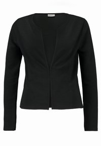 Czarny sweter ribbed z długimi rękawami i otwartym przodem. Wykonany z fakturowanej tkaniny, charakteryzuje się minimalistyczną sylwetką bez zapięć.