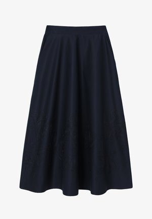 Donkerblauwe A-lijn midi-rok met subtiele bloemrijke borduursels bij de zoom, voorzien van een aansluitende tailleband en zijzakken.