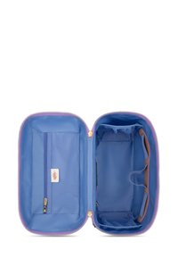 Paars en blauwe ritscase met een groot compartiment, een gaasvak en organiserlussen voor het veilig vasthouden van verschillende items.