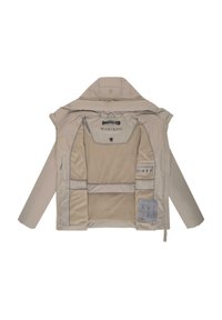 Beige vinterjacka med fleecefoder, öppen för att visa inneretiketter, en huva och långa ärmar som ligger platt på vit bakgrund.