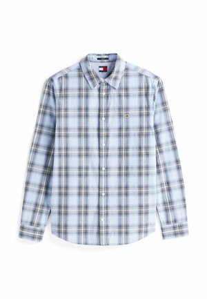 Camicia a maniche lunghe con colletto classico, caratterizzata da un motivo a quadri blu chiaro e nero. Piccolo logo sul petto.