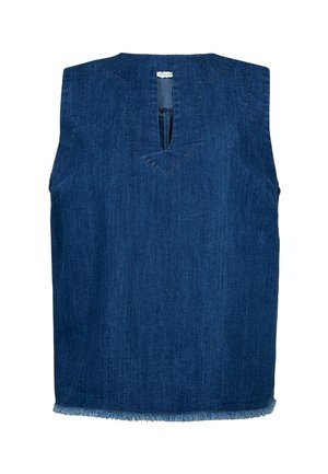 Haut en jean bleu foncé sans manches avec un décolleté fendu en V et un ourlet effiloché en bas.
