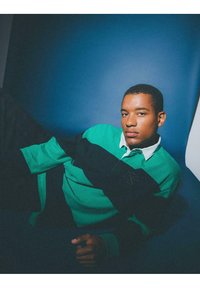 Zielona i czarna pasiasta koszulka polo z białym kołnierzykiem. Miękka tkanina, luźny krój i haft na klatce piersiowej. Gładka tekstura.