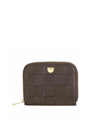Dark brown leather wallet with woven square pattern and gold zipper and logo emblem on front.