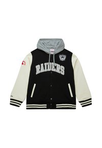 Schwarze und cremefarbene Collegejacke mit grauem Kapuze, weißen Buchstaben "RAIDERS", seitlichen Taschen und gestreiften Rippbündchen sowie Saum. Logo auf der Brust.