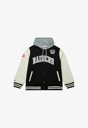 Schwarze und cremefarbene Collegejacke mit grauem Kapuze, weißen Buchstaben "RAIDERS", seitlichen Taschen und gestreiften Rippbündchen sowie Saum. Logo auf der Brust.