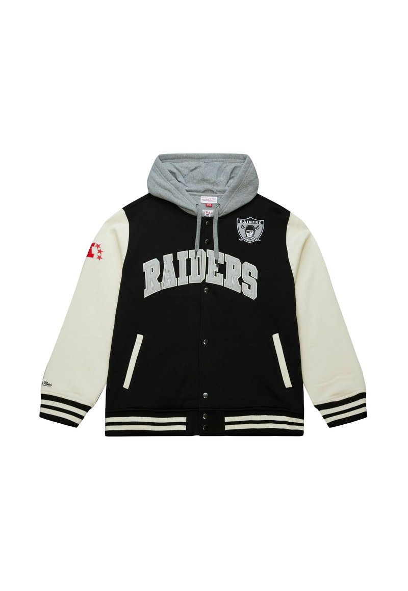 Schwarze und cremefarbene Collegejacke mit grauem Kapuze, weißen Buchstaben "RAIDERS", seitlichen Taschen und gestreiften Rippbündchen sowie Saum. Logo auf der Brust.