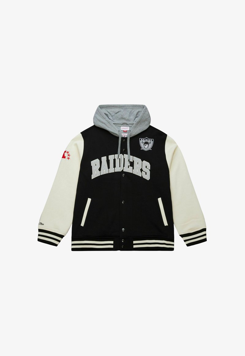 Black and cream varsity jacket with gray hood, white lettering "RAIDERS," side pockets, and striped ribbed cuffs and hem. Logo on chest.
