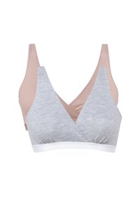 Bralette grigio e beige con design a V, realizzato in tessuto morbido, con dettagli arricciati e una fascia elastica bianca nella parte inferiore.