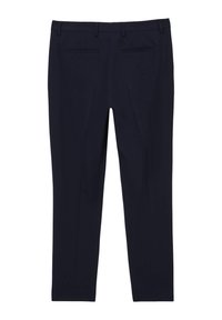 Marineblaue Hosen aus glattem Stoff, mit flacher Vorderseite, zwei Gesäßtaschen und einer schlanken, taillierten Passform mit Gürtelschlaufen.