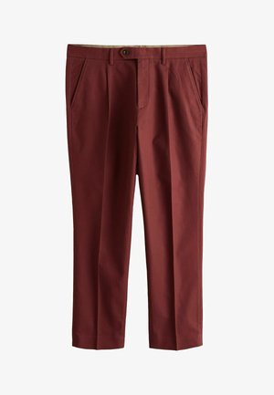 Herren rustfarbene, maßgeschneiderte Hose mit Seitentaschen, vorderen Falten, Gürtelschlaufen und Knopfverschluss am Taillenbund.