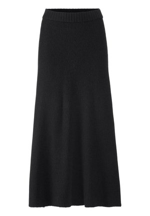 Schwarze gerippte Strick-Maxiröcke mit einem taillierten Bund, der eine ausladende Silhouette und eine weiche Textur aufweist. Keine sichtbaren Muster oder Akzente.