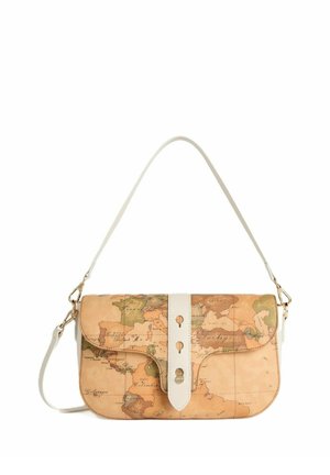 Borsa a tracolla rettangolare con stampa di mappa del mondo vintage, tracolla bianca e chiusura centrale bianca.