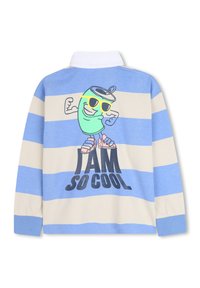 Μπλε και μπεζ ριγέ πουκάμισο μακρύ μανίκι με χαρακτήρα κανατένιου καρτούν που �φοράει γυαλιά ηλίου και το κείμενο "ΕΙΜΑΙ ΤΟΣΟ COOL" με έντονους χαρακτήρες.