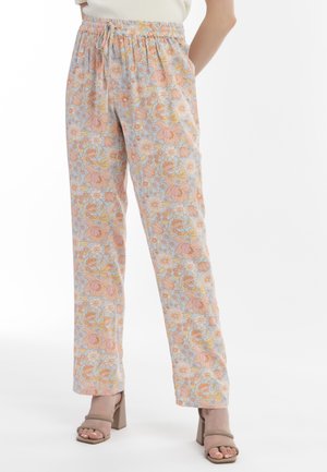 Hosen mit Blumenmuster, die einen elastischen Bund, leichte Stoffe, Pastellfarben und einen lockeren Schnitt mit geraden Beinen aufweisen.