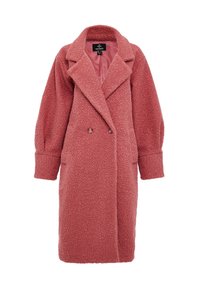 Manteau rose en mélange de laine texturé avec une fermeture croisée, de larges revers et des manches surdimensionnées. Dispose de poches latérales et d'une doublure douce.