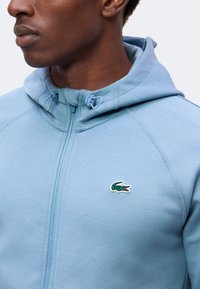 Homme portant un sweat à capuche zippé bleu clair avec des cordons de capuche réglables et un petit logo crocodile vert sur la poitrine.