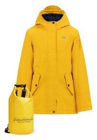 Gul vattentät jacka med huva, med dragkedja och knäppning, två sidofickor och en paraplylogotyp. Inkluderar en matchande gul förvaringsväska.