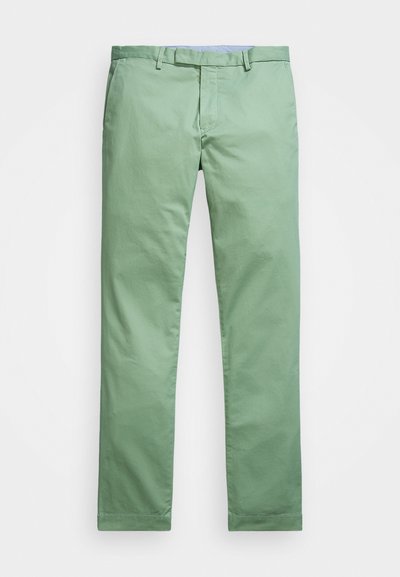 Chinos de algodão verde claro com um design de perna reta, passadores de cinto, fecho de zip e bolsos laterais. Textura suave com um acabamento limpo.