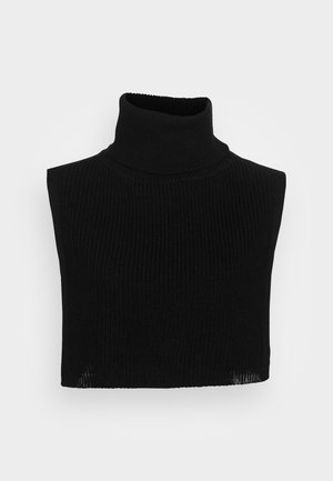 Black sleeveless turtleneck sweater in ribbed knit texture, featuring a high collar and fitted design, with a cropped length.